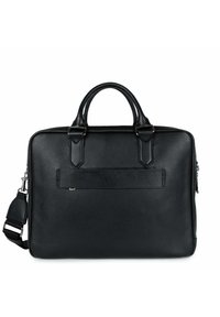 Attaccatura in pelle nera con doppi manici, una tracolla staccabile, texture liscia e una tasca frontale. Dotata di accenti in metallo argento.