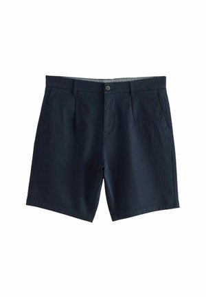 Pantalones cortos azul marino hechos de tela ligera, con cierre de botón, dos bolsillos frontales y una textura suave.