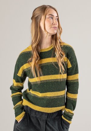 Grüner und gelber gestreifter Pullover mit strukturierter Oberfläche und gerippten Bündchen. Das Design verfügt über einen runden Ausschnitt und eine lässige Silhouette.