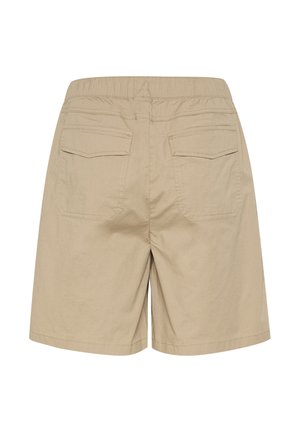 Shorts beiges avec une taille élastique, dotés de deux poches arrière avec des rabats angulaires et des coutures plates. Tissu doux, ajusté et de longueur moyenne.