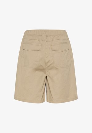 Shorts beiges avec une taille élastique, dotés de deux poches arrière avec des rabats angulaires et des coutures plates. Tissu doux, ajusté et de longueur moyenne.