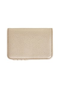 Metallic gold wallet with a textured leather exterior. Fold-over design featuring rounded corners and contrast stitching.