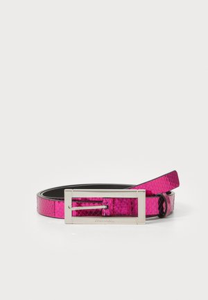 Metallic pink belt with snake skin texture, featuring a rectangular silver buckle placed on a white background.