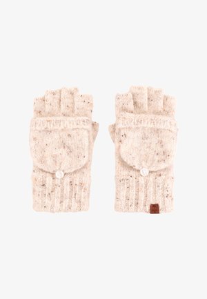 Beige fingerless gloves made of knit fabric with a ribbed texture, featuring a buttoned pocket and a small leather tag on the side.