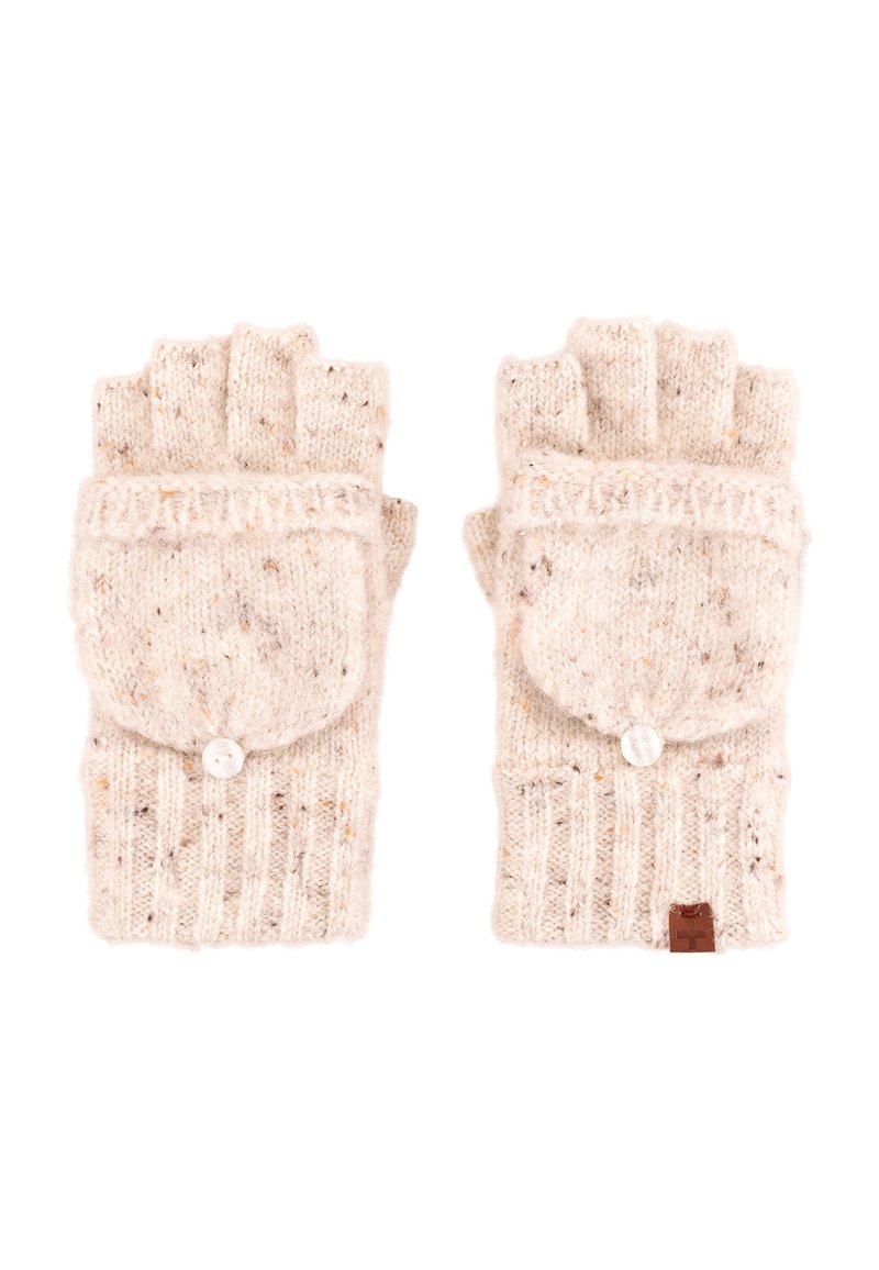Beżowe rękawiczki bez palców wykonane z dzianiny o prążkowanej fakturze, z kieszonką zapinaną na guzik i małą skórzaną metką z boku.