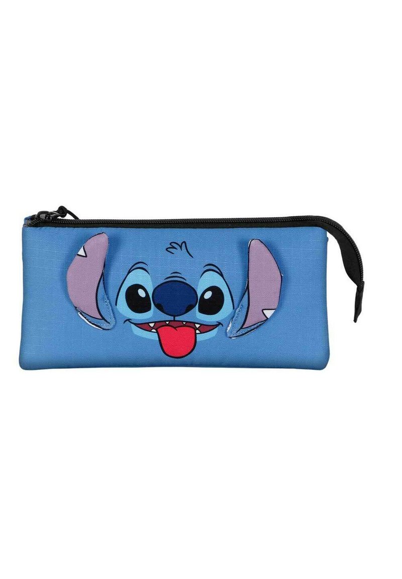 Ritsetui in de vorm van een cartoonpersonage. Gemaakt van blauwe stof met een glimlachend gezicht, grote oren en gedetailleerde kenmerken in paars en zwart.