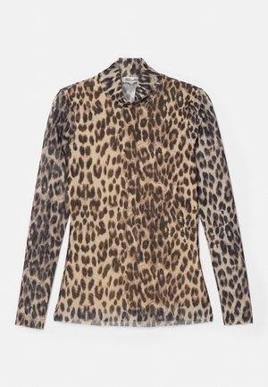 Leopard-print long-sleeve top with a round neckline, made from a lightweight fabric featuring beige and brown patterns.