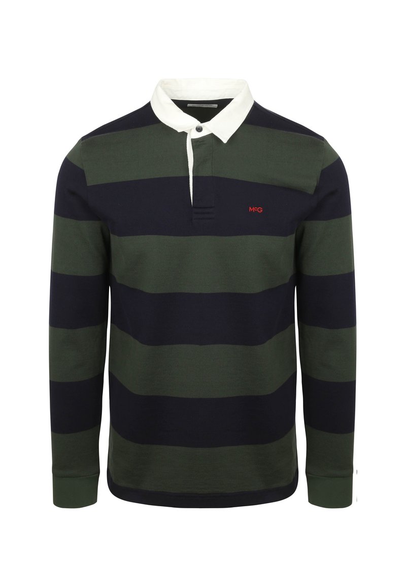 Langsleeve polo shirt in donkergroen met marineblauwe strepen, voorzien van een witte kraag en een rode logo op de borst. Gemaakt van zacht katoen.