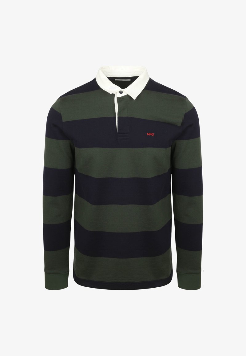Langärmliges Poloshirt in dunkelgrün und marineblau gestreift, mit einem weißen Kragen und rotem Logo auf der Brust. Aus weichem Baumwollmaterial gefertigt.