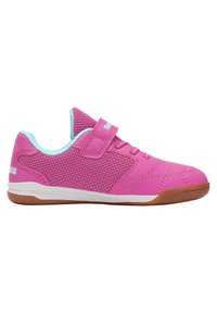 Pinker Sportschuh mit Mesh-Obermaterial, kontrastierenden hellblauen Akzenten, Schnürdesign und Klettverschluss; Gummisohle für besseren Halt.