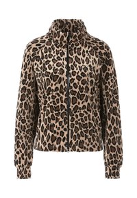 Kurtka w panterkę w odcieniach beżowym i brązowym, z wysokim kołnierzem, pełnym zamkiem błyskawicznym, długimi rękawami i ściągaczami na mankietach. Wykonana z miękkiego materiału.