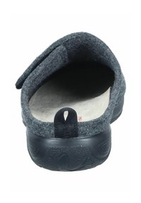 Grey felt slip-on shoe with a rounded back, black rubber sole, and textile loop for easy wear. Soft interior lining.