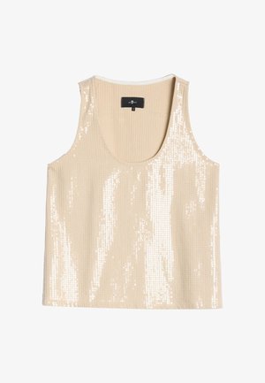 Beige tanktop met pailletten en een geribbelde textuur, voorzien van een brede ronde halslijn en een ontspannen pasvorm. Accenten van glanzende pailletten voegen details toe.