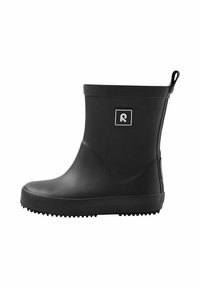 Schwarzer Gummistiefel bis zum Knöchel mit strukturiertem Sohle, abgerundetem Zehenbereich und einer Zuglasche an der Rückseite. Verfügt über ein kleines Logo an der Seite.
