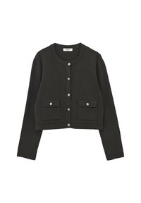 Schwarze, gekürzte Strickjacke aus strukturiertem Stoff, mit rundem Ausschnitt, sechs Metallknöpfen und zwei aufgesetzten Taschen vorne.