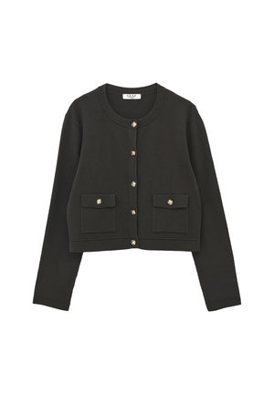 Black cropped cardigan made of textured fabric, featuring a round neckline, six metallic buttons, and two front flap pockets.