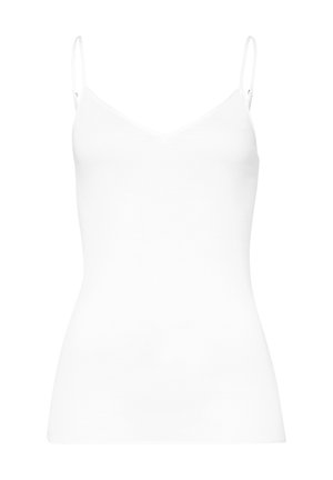 Hvid camisole med tynde justerbare stropper, v-udskæringsdesign, lavet af blødt, strækbart stof, med en tætsiddende silhuet.