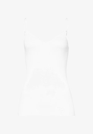 Valkoinen toppi ohuilla säädettävillä olkaimilla, V-aukko-muotoilu, pehmeästä, joustavasta kankaasta, jossa on tiivis siluetti.