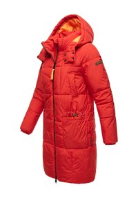 Red padded jacket with a hood, featuring an orange lining, zip closure, multiple pockets, and elastic cuffs for warmth and comfort.