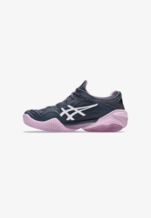 Dark blue athletic shoe with white logo accents, textured upper, pink midsole, and rubber outsole featuring a zigzag pattern.