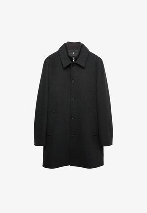 Czarny wełniany płaszcz z kołnierzem, z sześcioma guzikami z przodu, kieszeniami po bokach i prostym krojem. Gładka tekstura na całej powierzchni.