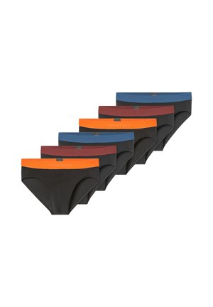 Culottes en coton noir en paquet de six, avec des ceintures de couleurs différentes : orange, bleu et bordeaux. Chaque pièce est ornée d'un logo.