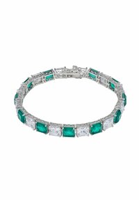 Silver bracelet featuring alternating rectangular emerald-green and clear stones, set in an open, geometric design.