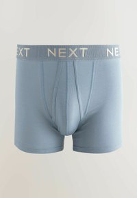 Boxer shorts bleu clair en tissu doux, dotés d'une ceinture imprimée avec "NEXT" en lettrage doré et d'une coupe ajustée.
