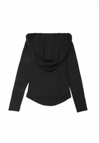 Schwarzer, langärmeliger Kapuzenpullover aus weichem Stoff. Mit einer drapierten Kapuze und einem längeren Rückensaum mit glatter Textur.