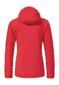Rotes Langarmshirt mit Kapuze, aus strukturiertem Rippenstoff, taillierter Silhouette und glatten Nähten. Keine sichtbaren Logos oder Beschläge.