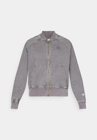 Giacca grigia con zip realizzata in misto cotone, con polsini e orlo a coste, due tasche frontali e un piccolo logo sul petto.