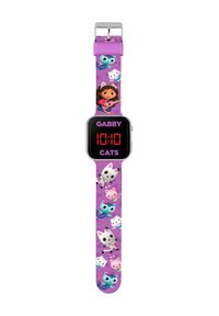 Orologio digitale con quadrante rettangolare nero, cinturino in silicone viola decorato con diversi gatti dei cartoni animati e un personaggio, con display digitale rosso.
