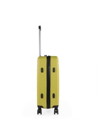 Maleta rígida de color amarillo brillante con superficie texturizada, cremallera negra y cuatro ruedas. Cuenta con un asa retráctil de aluminio.