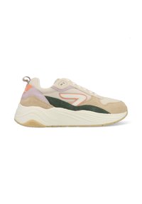 Lichte sneakers met een combinatie van beige, groen en lavendel textiel en suède materialen. Dikke witte zool, vetersluiting.