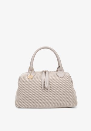 Beige gestreepte handtas met gladde leren accenten, ronde handvaten, dubbele strikken en een gouden charmdetail dat eraan vast zit.