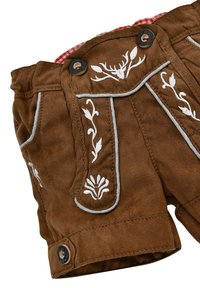 Braune Wildledershorts mit weißer Blumenstickerei, grauem Piping und schwarzen Knöpfen. Enthält einen kontrastierenden rot karierten Futter.