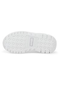 Semelle de sneaker blanche avec une surface en caoutchouc texturé, présentant un motif en étoile et des rayures horizontales. Comprend un logo et un détail non marquant.