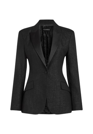 Black tailored blazer with satin peak lapels, single button closure, two front pockets, and textured fabric. Lined interior.