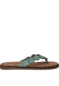 Groene flip-flop sandaal met beduidende bloemenversieringen in turquoise en bruin. Heeft een leren bovenkant en een gestructureerde rubberen zool.