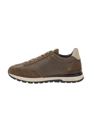 Baskets en suède marron et cuir avec un laçage à l'avant, des accents beige contrastants, un capuchon de pied texturé et une semelle en caoutchouc. Marquées "NeroGiardini."