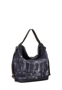 Borsa a spalla in tessuto nero con un motivo testurizzato nelle sfumature di grigio. Caratterizzata da una parte superiore arrotondata, una singola tracolla e dettagli metallici argentati.