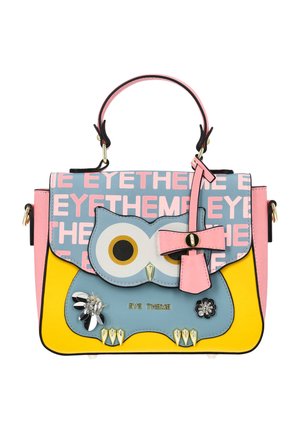 Sac à main au design chouette en bleu pastel, jaune et rose, avec de grands yeux, un détail nœud et des ornements floraux avec des ferrures dorées.