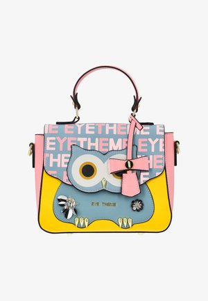 Handtas met uilontwerp in pastelblauw, geel en roze, met grote ogen, strikdetail en bloemversieringen met goudkleurige hardware.