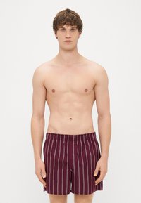 Costume de baie maron cu dungi verticale albe, talie elastică și croială lejeră. Purtați de un model cu partea superioară a corpului descoperită.