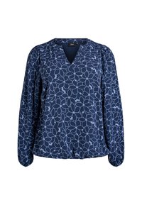Navy blouse with a V-neck, long puff sleeves, and a light blue floral pattern. Made from a smooth fabric with a slight sheen, regular fit.