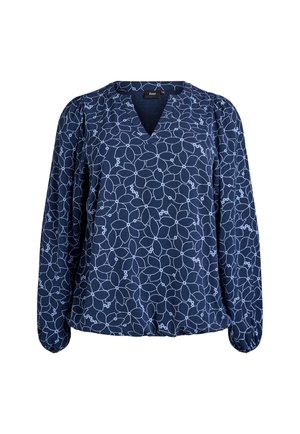 Blusa color navy con scollo a V, maniche lunghe a sbuffo e un motivo floreale blu chiaro. Realizzata in un tessuto liscio con una leggera lucentezza, vestibilità regolare.