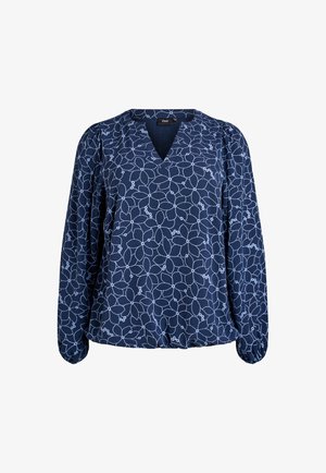 Námornícka blúzka s V-výstrihom, dlhými puff rukávmi a svetlomodrým kvetinovým vzorom. Vyrobená z hladkej tkaniny s jemným leskom, s bežným strihom.
