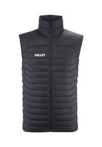 Gilet sans manches en duvet noir avec col montant, fermeture éclair à l'avant et logo "MILLET" blanc sur la poitrine gauche.
