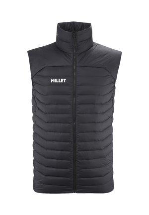 Schwarze ärmellose Steppweste mit hohem Kragen, Frontreißverschluss und weißem "MILLET"-Logo auf der linken Brust.