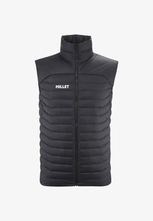 Schwarze ärmellose Steppweste mit hohem Kragen, Frontreißverschluss und weißem "MILLET"-Logo auf der linken Brust.